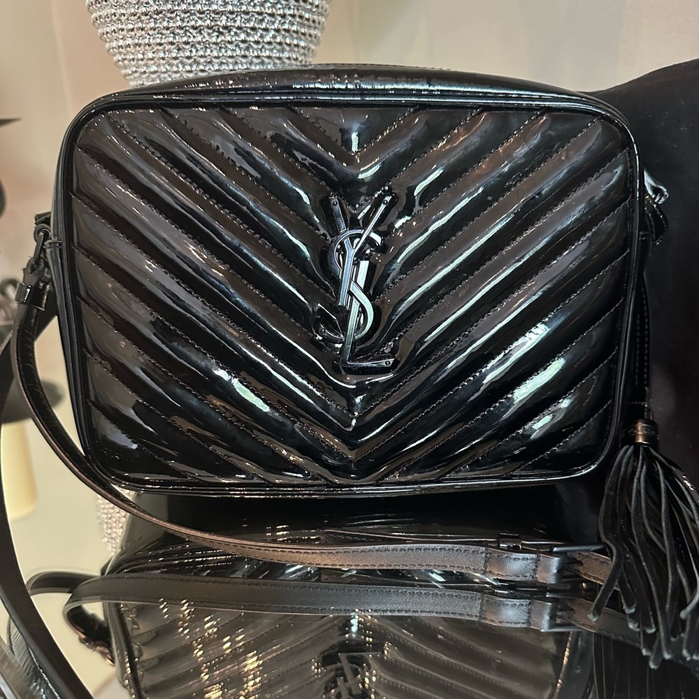 Saint Laurent Lou Medium Black on Black Patent Camera Bag